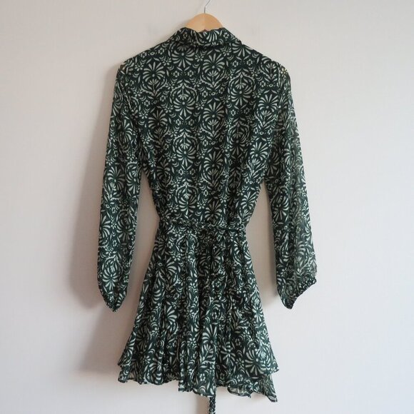 ZARA Sheer Leaf Print Belted Button Front Dress in Forest Green Boho - Size S - Picture 13 of 16